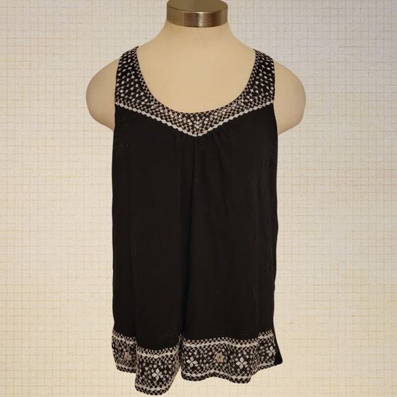 Embroidered Boho Tank Top Caslon Black White Button Back Flowy Large - Picture 1 of 6